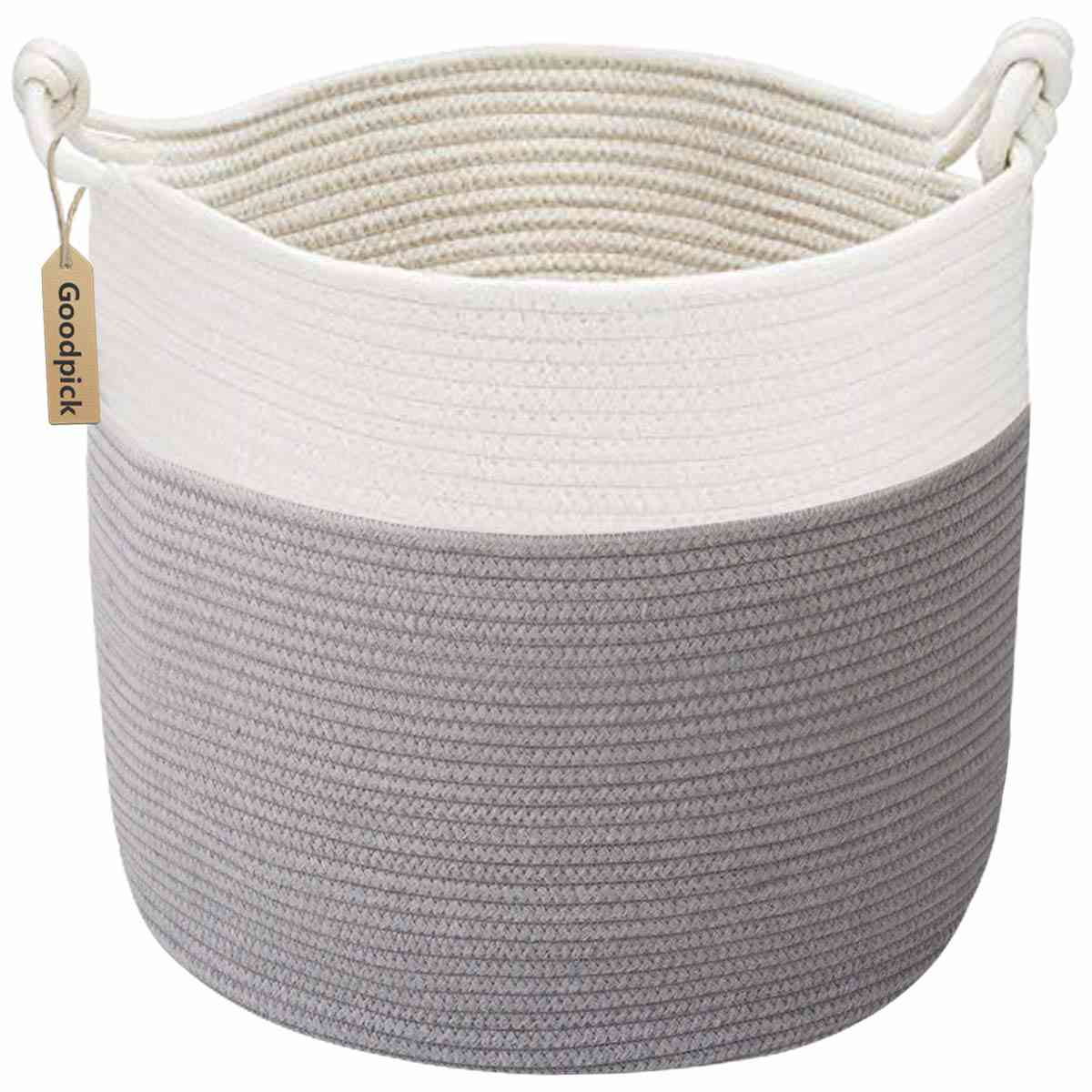 Goodpick Cotton Rope Basket with Handle for Baby Laundry, Toy, and Blanket Storage - Natural Woven Basket (15 × 15 × 14.2)