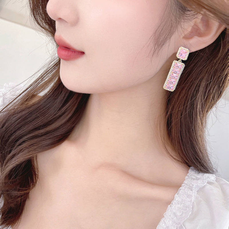 Jewelblings Luxury Long Studded Pink Purple Rectangle Drop Earrings for Women