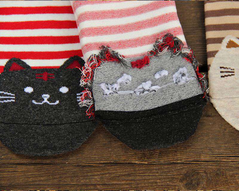 6 Pairs Cat Pattern Cotton Striped Socks for Women