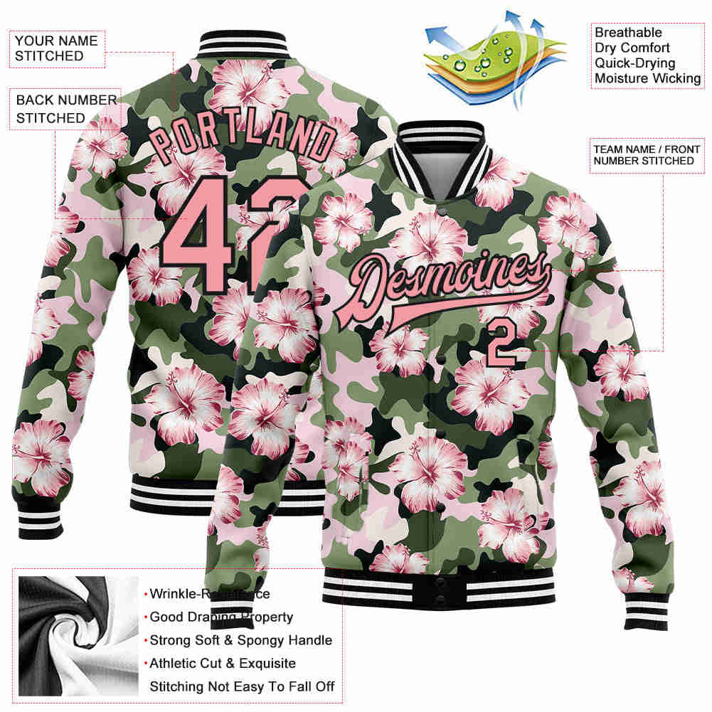 Custom Camo Pink-Black Hibiscus Flower 3D Pattern Bomber Jacket