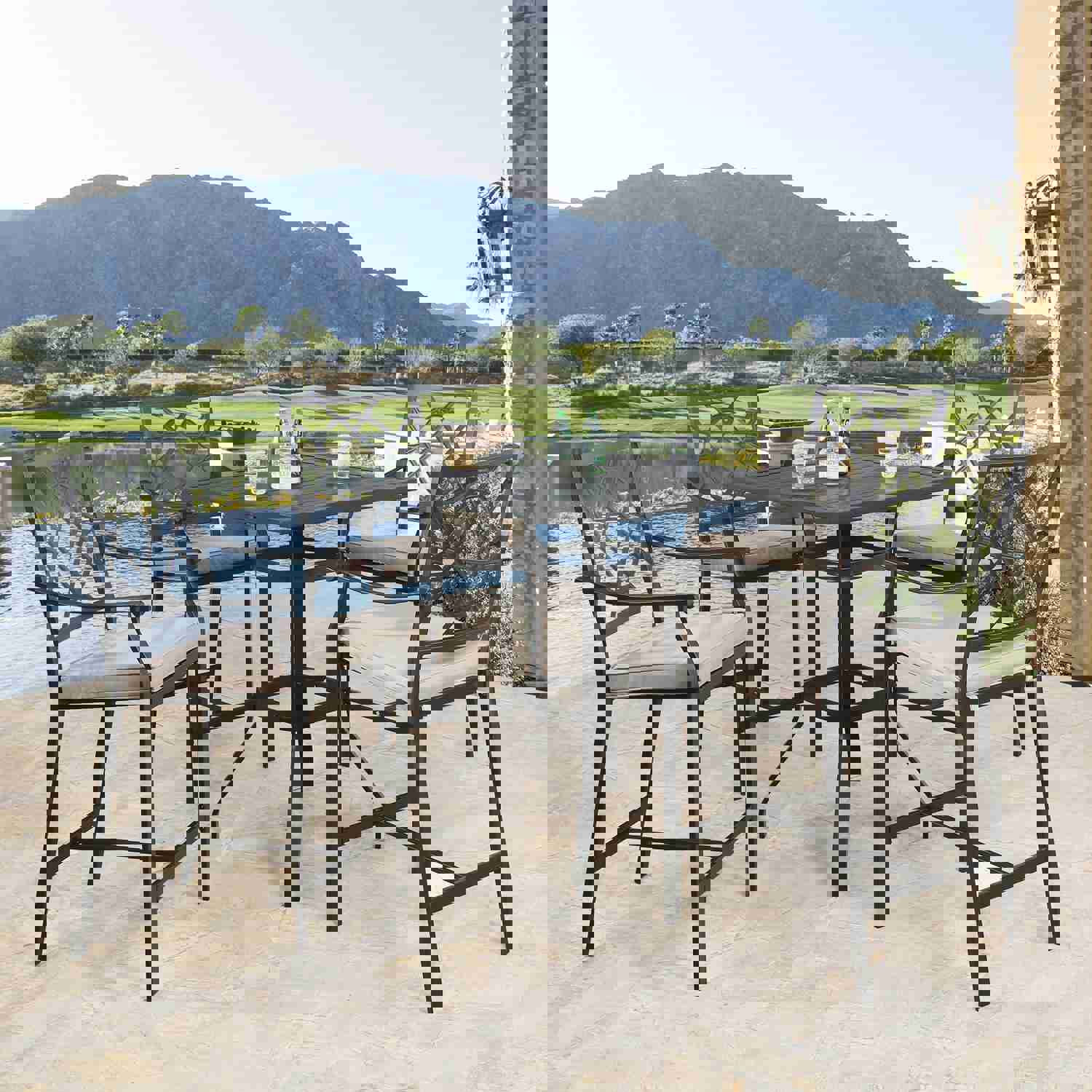 Outdoor 5-Piece Patio Bar Height Dining Set with Square Steel Table and Beige Cushioned Bar Stools