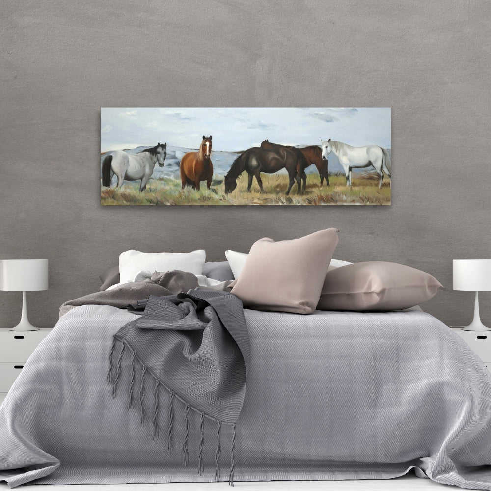 Horses Eating In The Meadow, Fine Art Gallery Wrapped Canvas 16x48