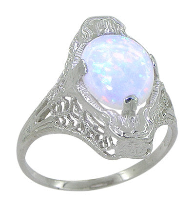 White Opal Filigree Ring in 14 Karat White Gold - Art Deco Style