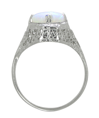 White Opal Filigree Ring in 14 Karat White Gold - Art Deco Style