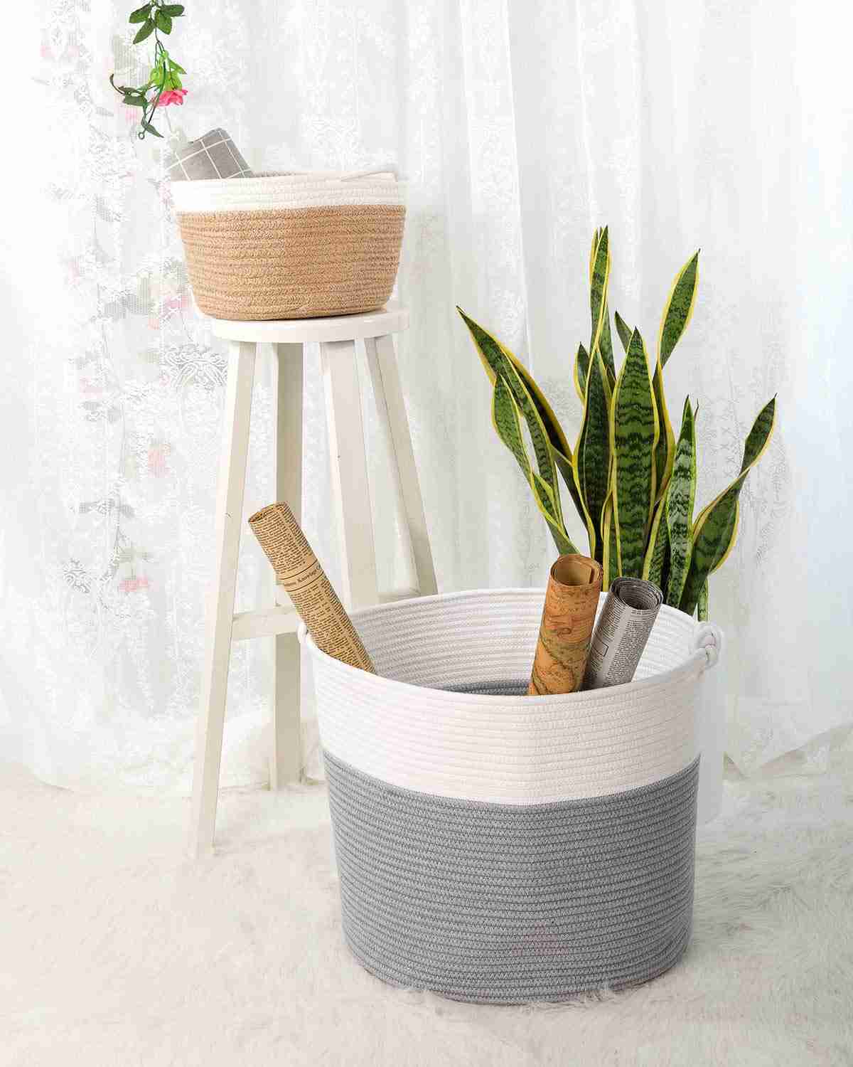 Goodpick Cotton Rope Basket with Handle for Baby Laundry, Toy, and Blanket Storage - Natural Woven Basket (15 × 15 × 14.2)