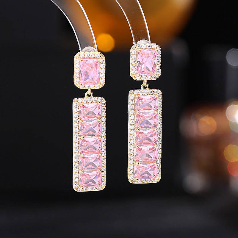 Jewelblings Luxury Long Studded Pink Purple Rectangle Drop Earrings for Women