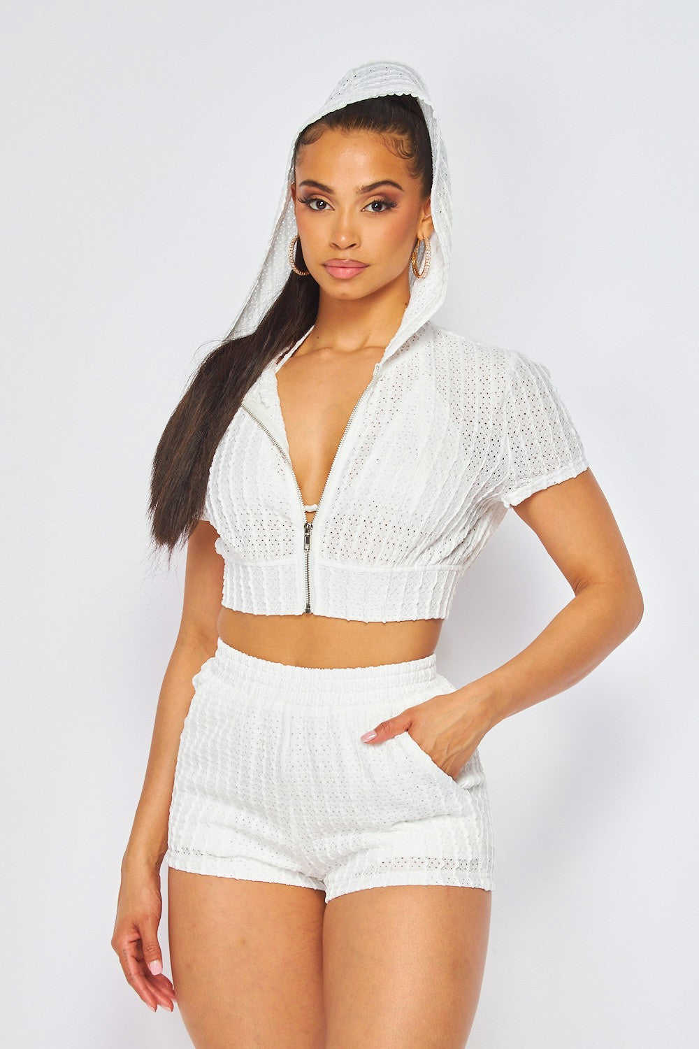 Los Cabos Eyelet 3 Piece Hoodie Bra Top Shorts Set