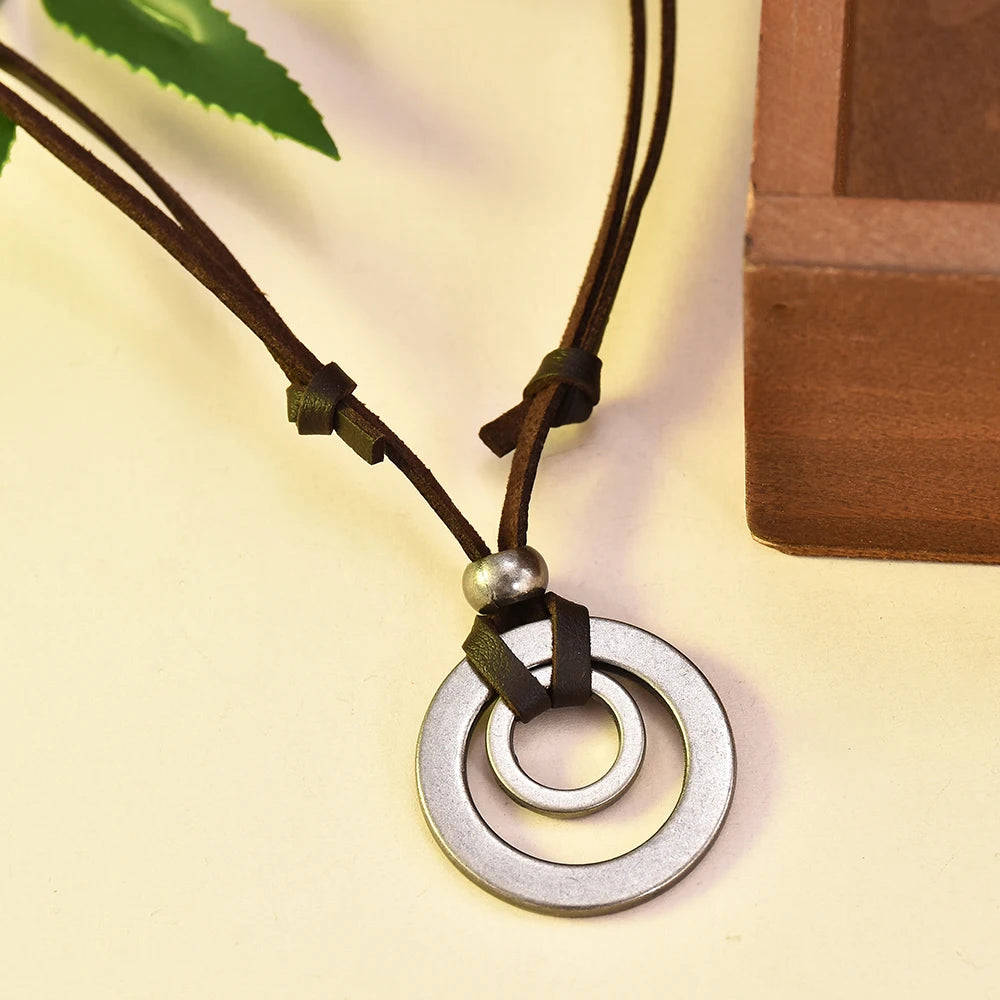 Vintage Adjustable Leather Cord Necklace with Double Circle Pendant for Men and Women