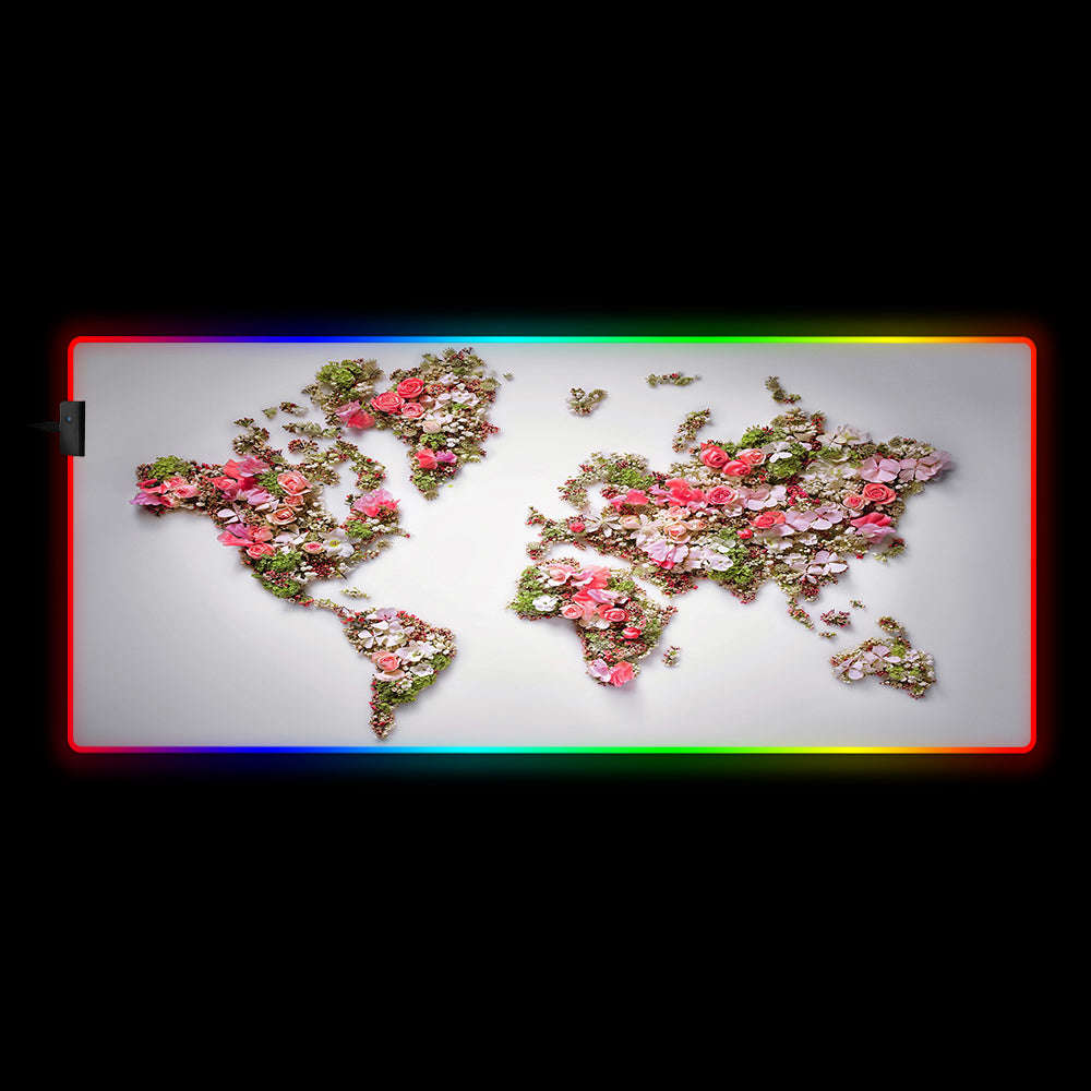 Flower World Map RGB Gaming Mouse Pad with USB LED Lighting, Large Size for Gamers