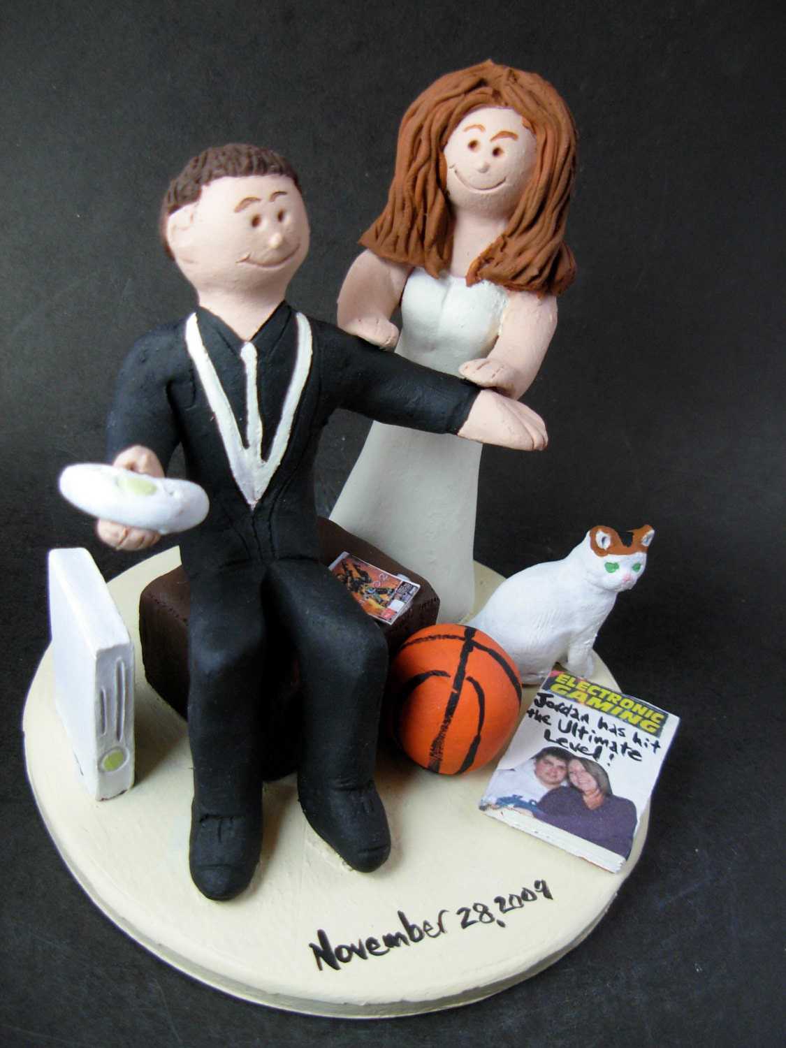 Custom Made Nerds Wedding Cake Topper - Bride Drag Groom with Iphone
