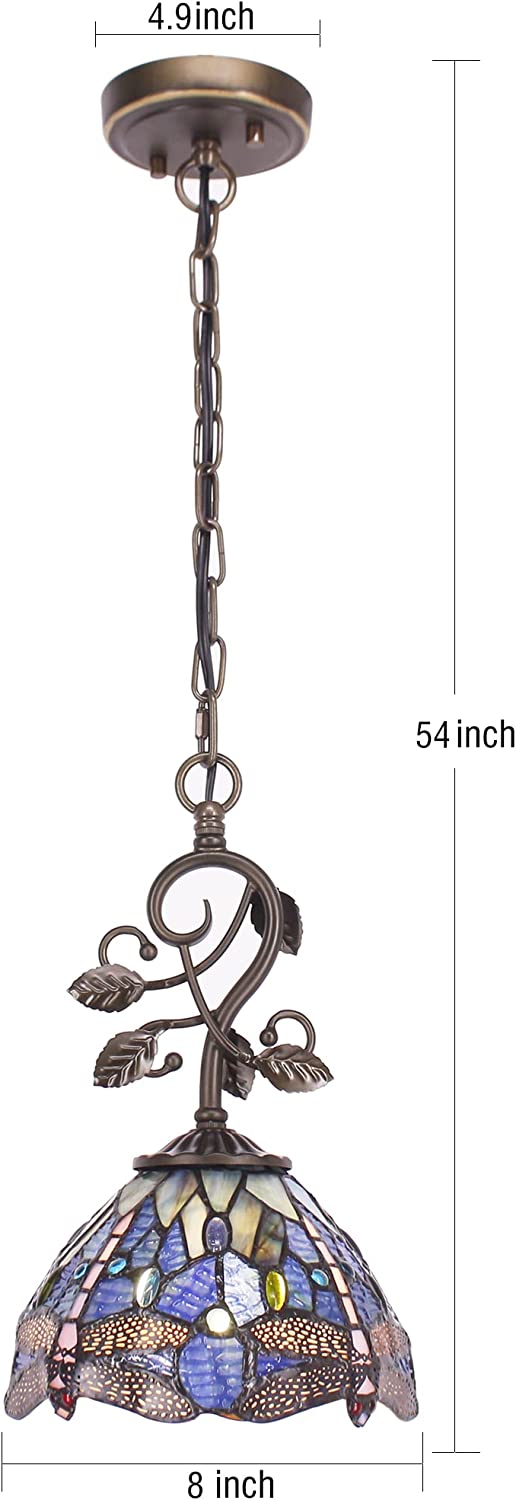 Werfactory® Tiffany Pendant Lighting - Navy Blue Stained Glass Dragonfly Hanging Lamp