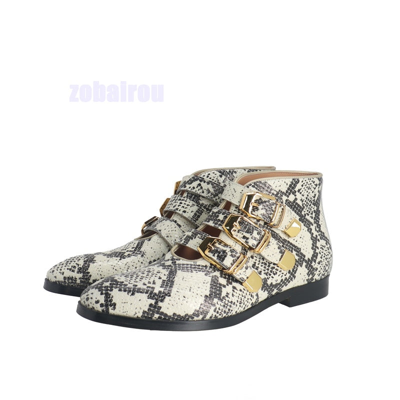High Quality Men's Ankle Boots with Snake Pattern Print and Metal Buckle