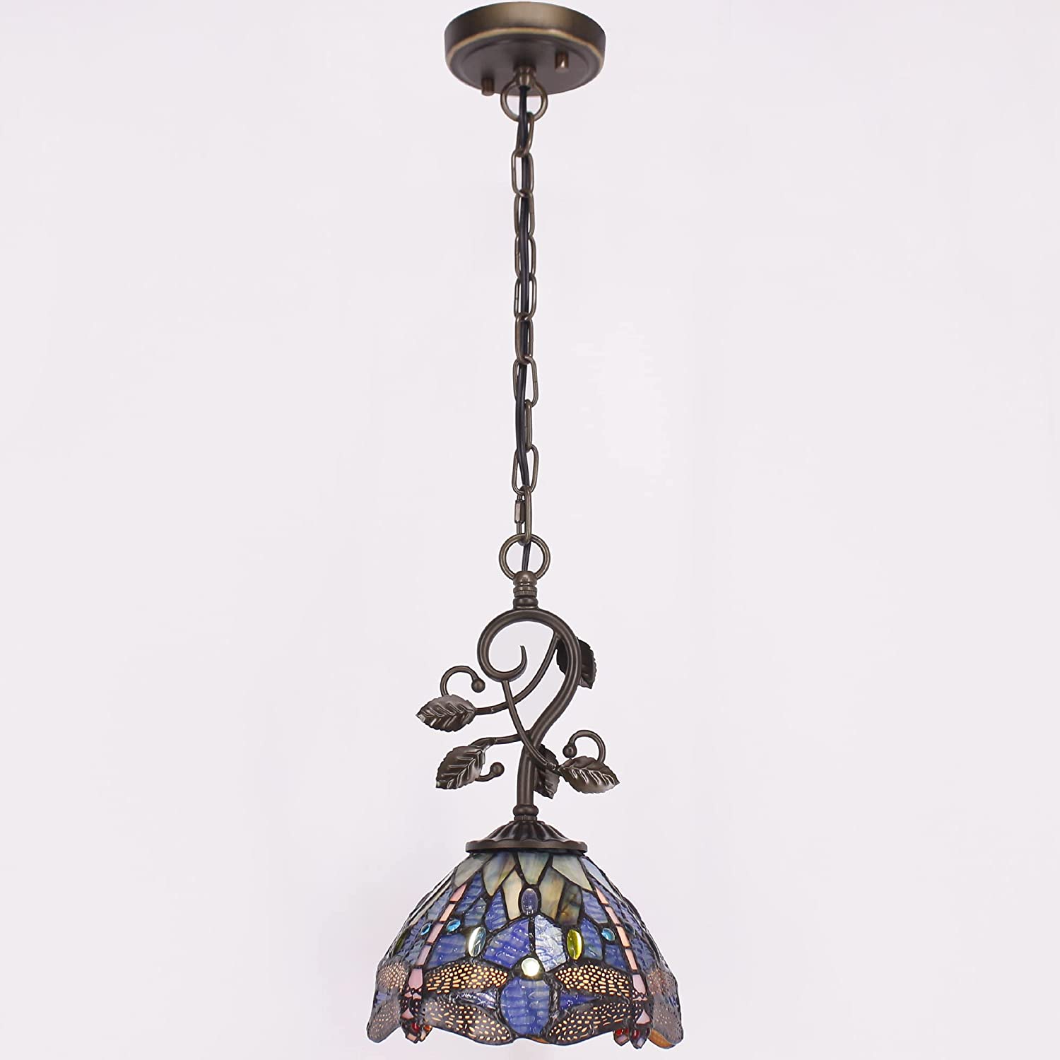 Werfactory® Tiffany Pendant Lighting - Navy Blue Stained Glass Dragonfly Hanging Lamp