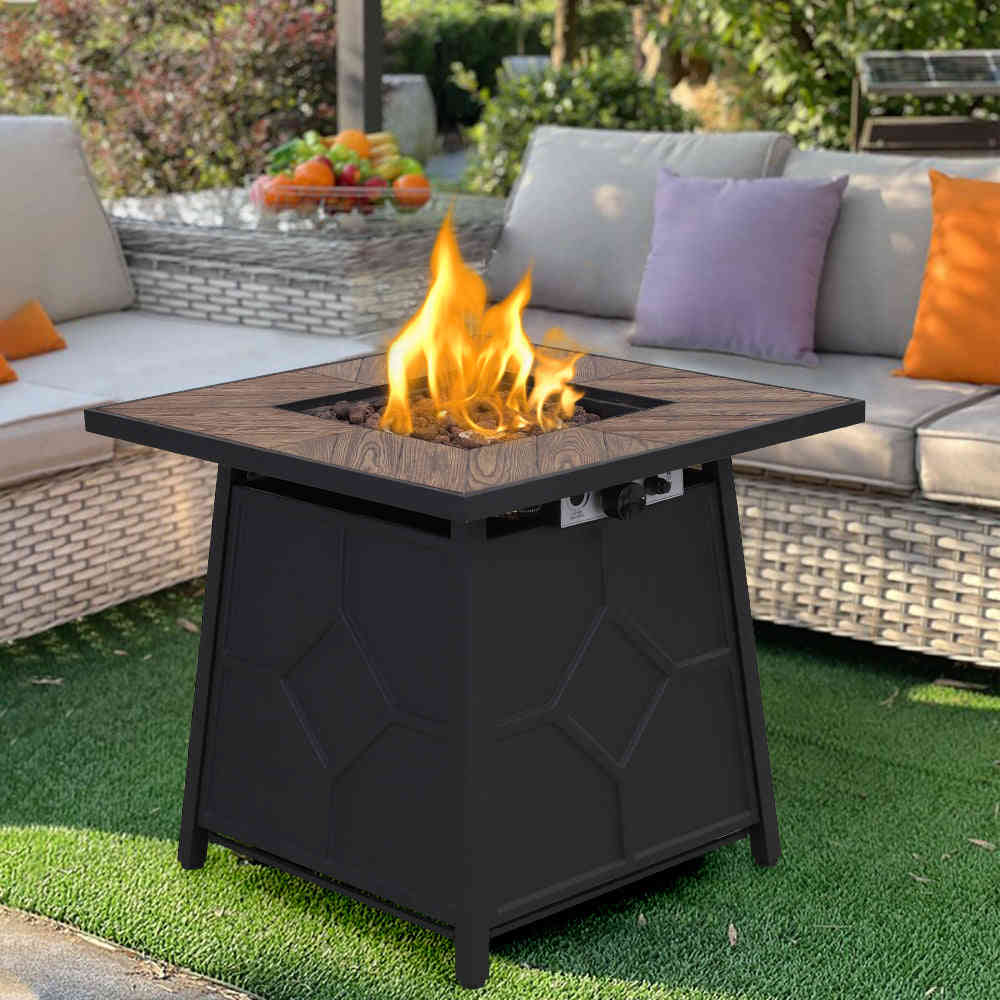 PHI VILLA 28 Inch 40,000 BTU Outdoor Terrafab Square Gas Fire Pit Table With Lid and Lava Rocks, PVC Cover