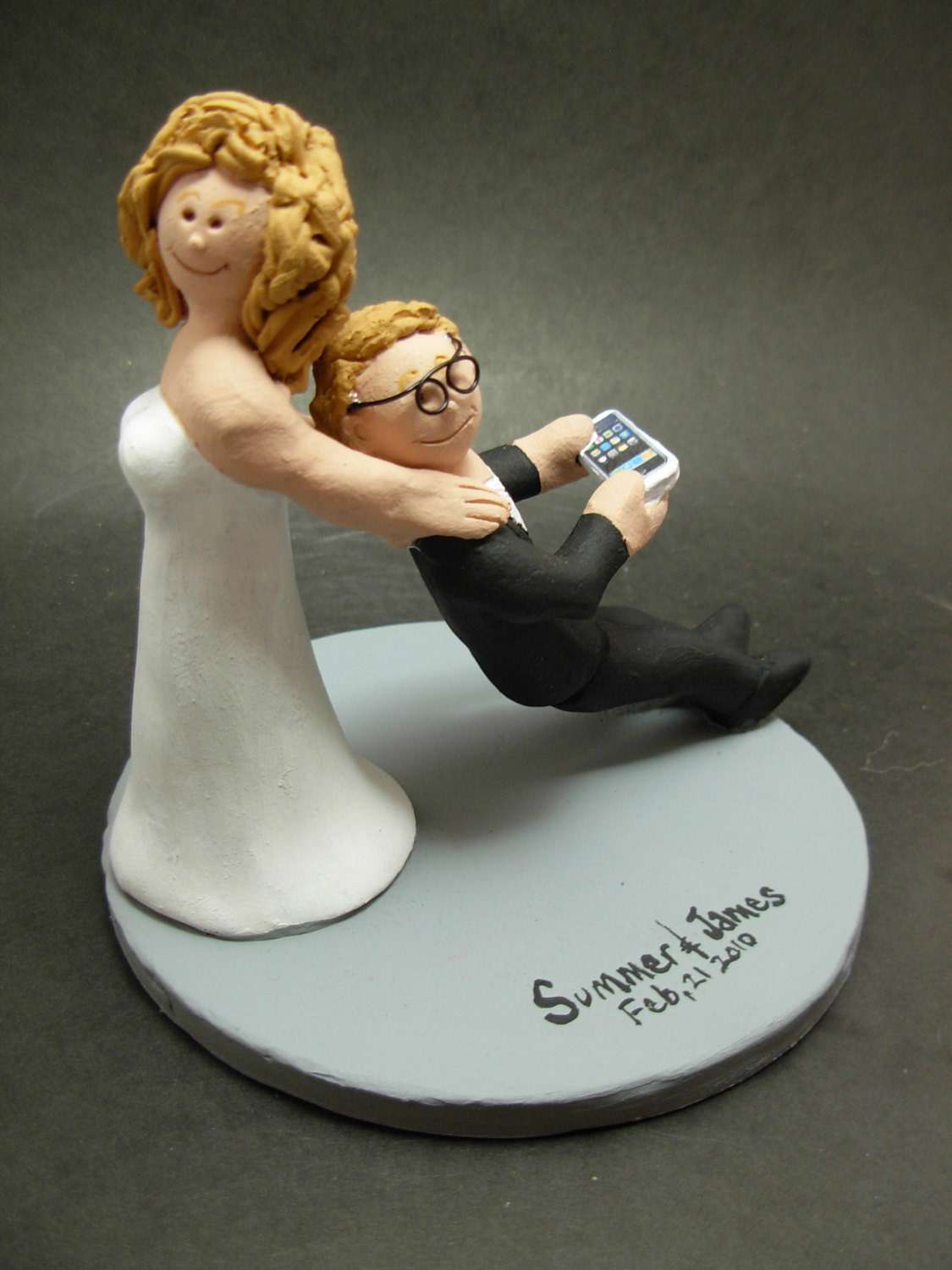 Custom Made Nerds Wedding Cake Topper - Bride Drag Groom with Iphone