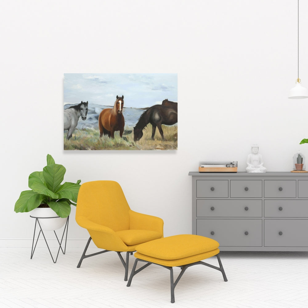 Horses Eating In The Meadow, Fine Art Gallery Wrapped Canvas 16x48