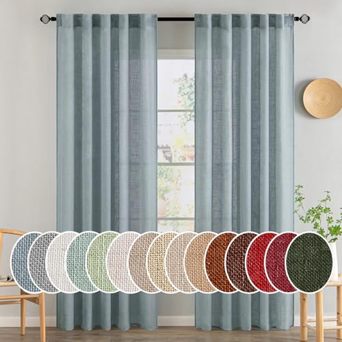 MIULEE Dusty Blue Linen Curtains - 84 Inch Length, 2 Panels, Semi-Sheer Light Filtering