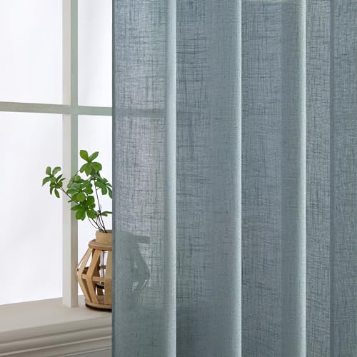 MIULEE Dusty Blue Linen Curtains - 84 Inch Length, 2 Panels, Semi-Sheer Light Filtering
