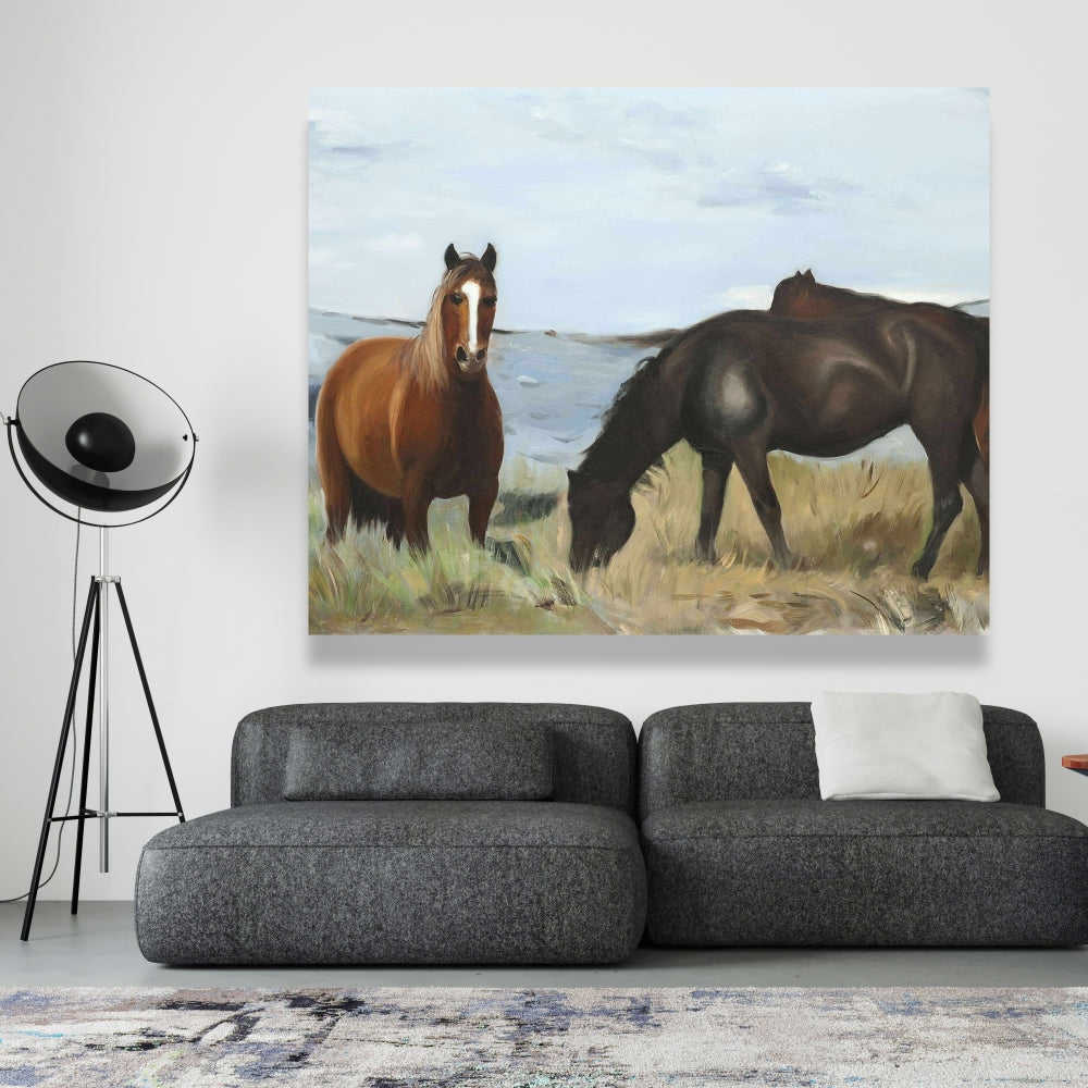 Horses Eating In The Meadow, Fine Art Gallery Wrapped Canvas 16x48