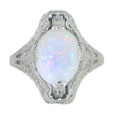 White Opal Filigree Ring in 14 Karat White Gold - Art Deco Style