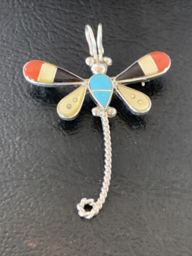 Handmade Zuni Turquoise and MOP Inlay Dragonfly Sterling Silver Necklace Pendant