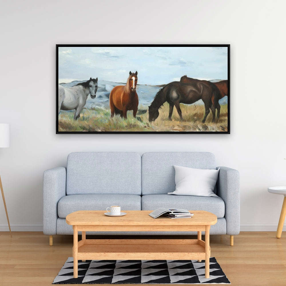 Horses Eating In The Meadow, Fine Art Gallery Wrapped Canvas 16x48