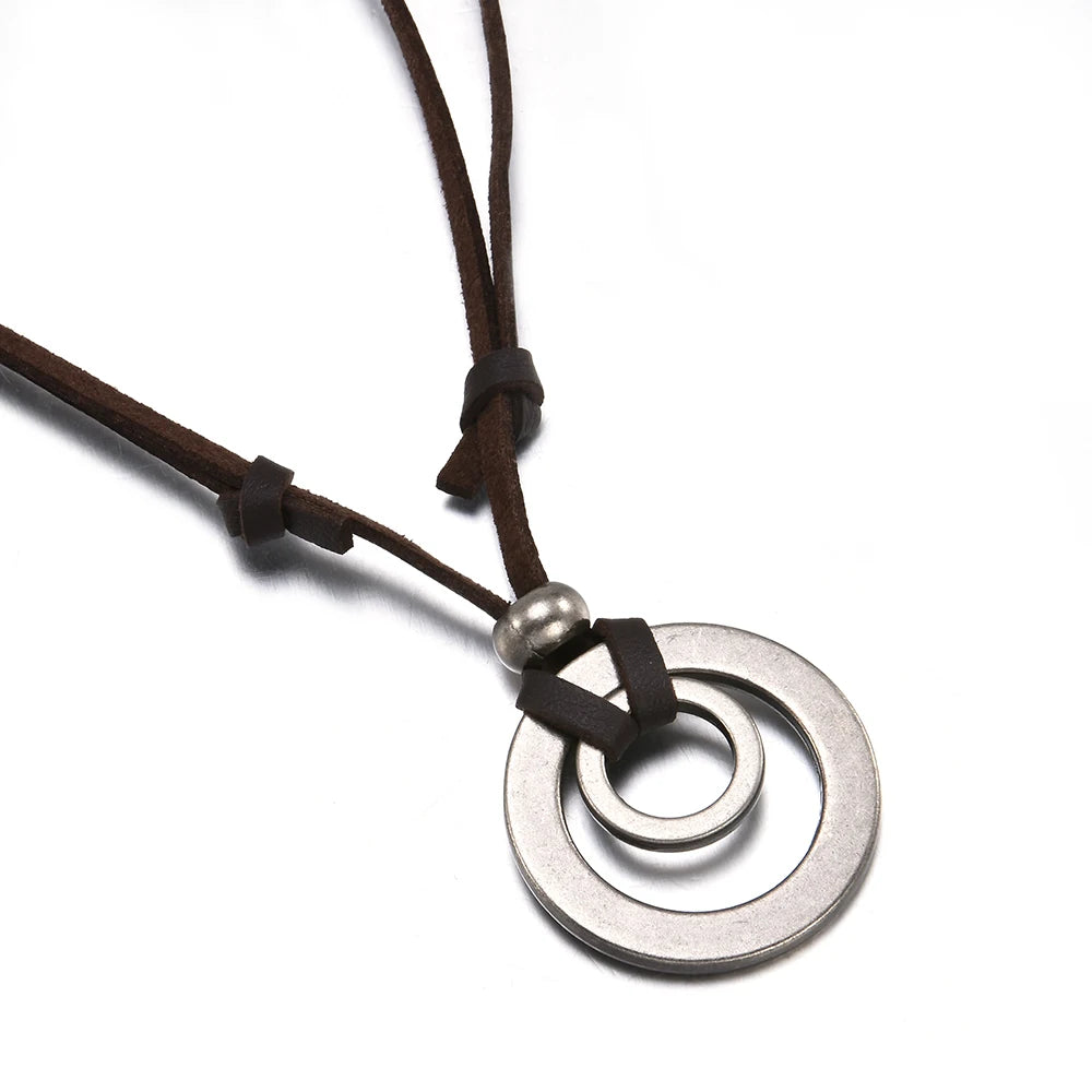 Vintage Adjustable Leather Cord Necklace with Double Circle Pendant for Men and Women