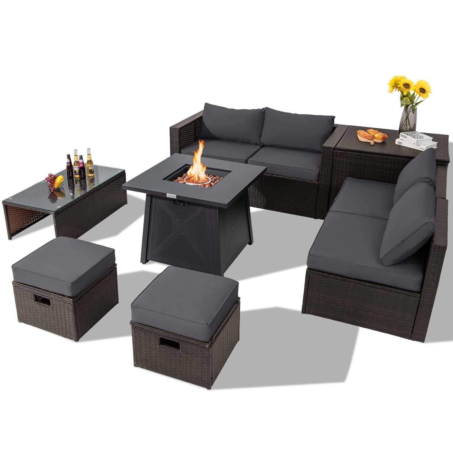 Tangkula 9-Piece Patio Furniture Set with 30" Propane Fire Pit Table