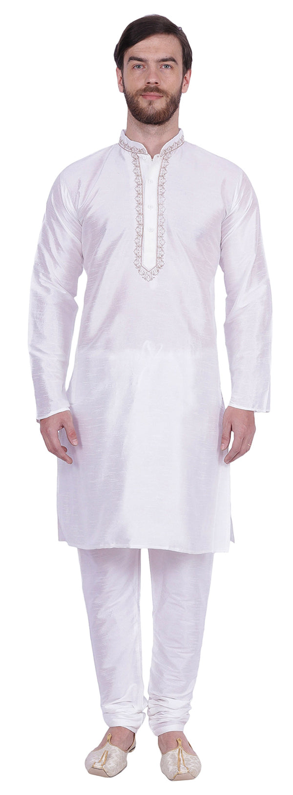 Men's Dupion Silk Kurta Pajama with Scarf - Traditional Indian Attire (Off-White)