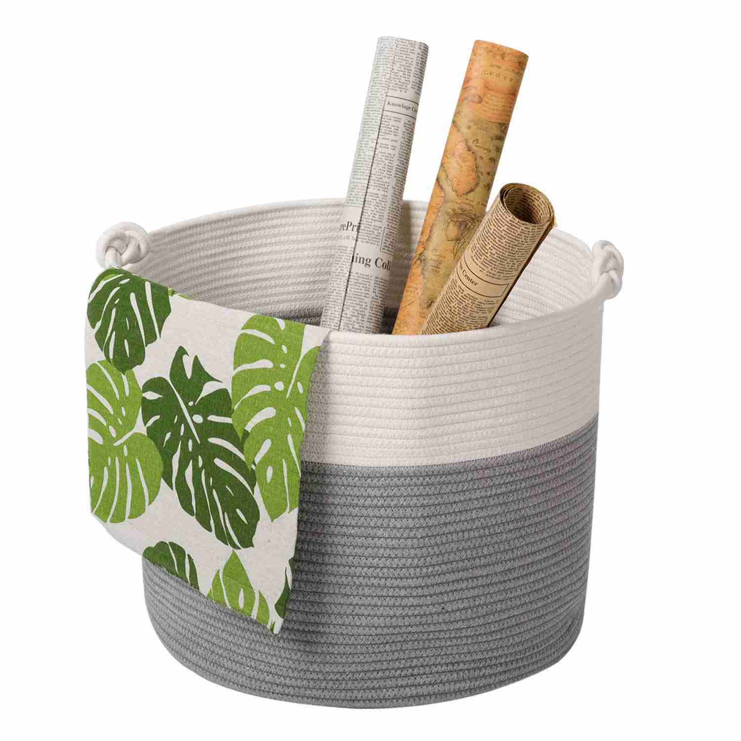 Goodpick Cotton Rope Basket with Handle for Baby Laundry, Toy, and Blanket Storage - Natural Woven Basket (15 × 15 × 14.2)