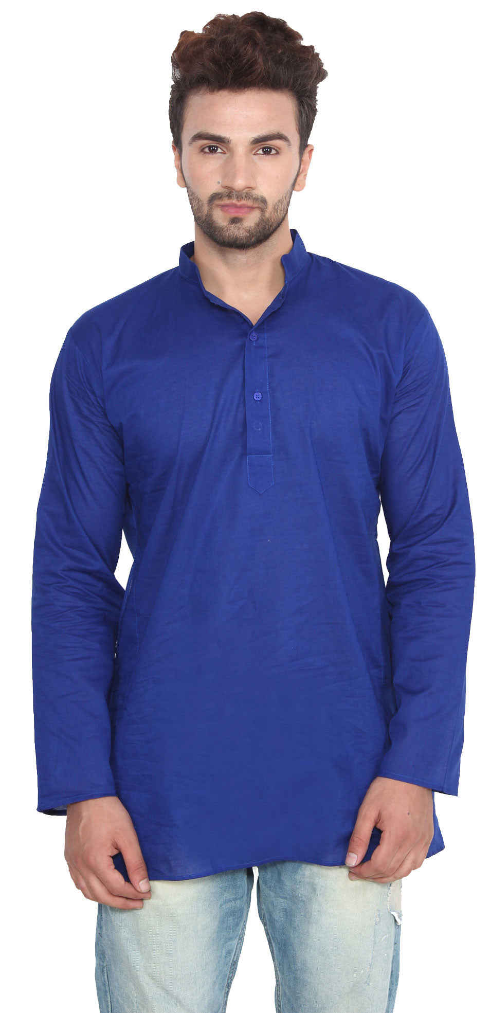 Men's Blue Cotton Short Kurta Shirt - India Fashion Clothing