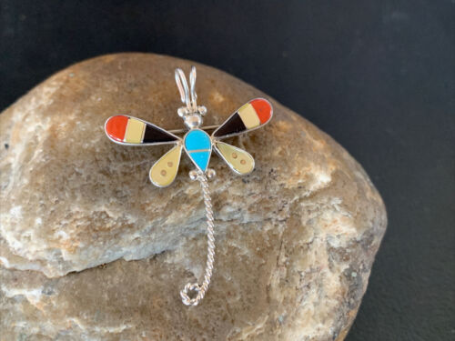 Handmade Zuni Turquoise and MOP Inlay Dragonfly Sterling Silver Necklace Pendant