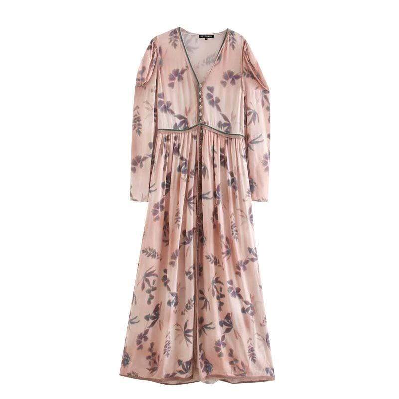FASHION FRAYED TRIMS MAXI DRESS - Vintage V-Neck Ankle-Length Dress