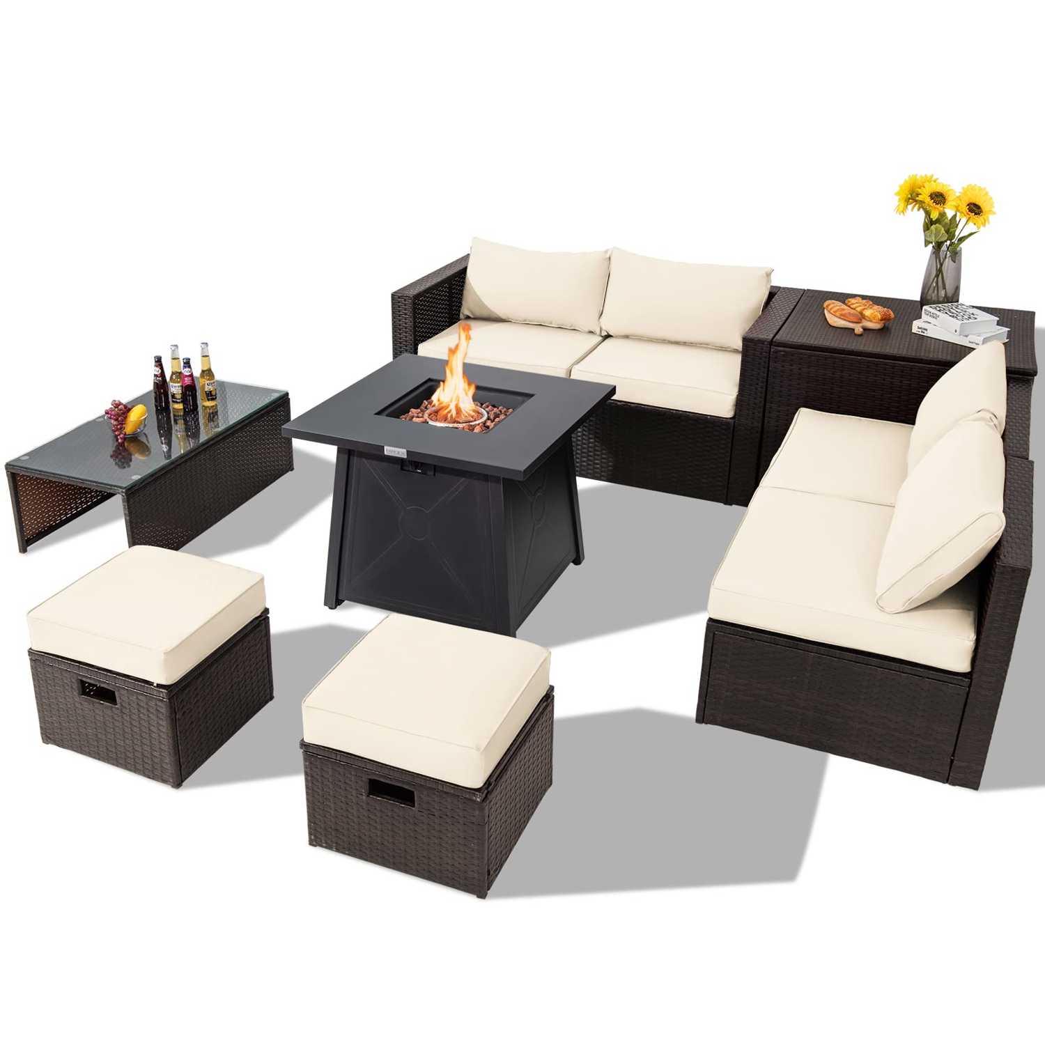 Tangkula 9-Piece Patio Furniture Set with 30" Propane Fire Pit Table