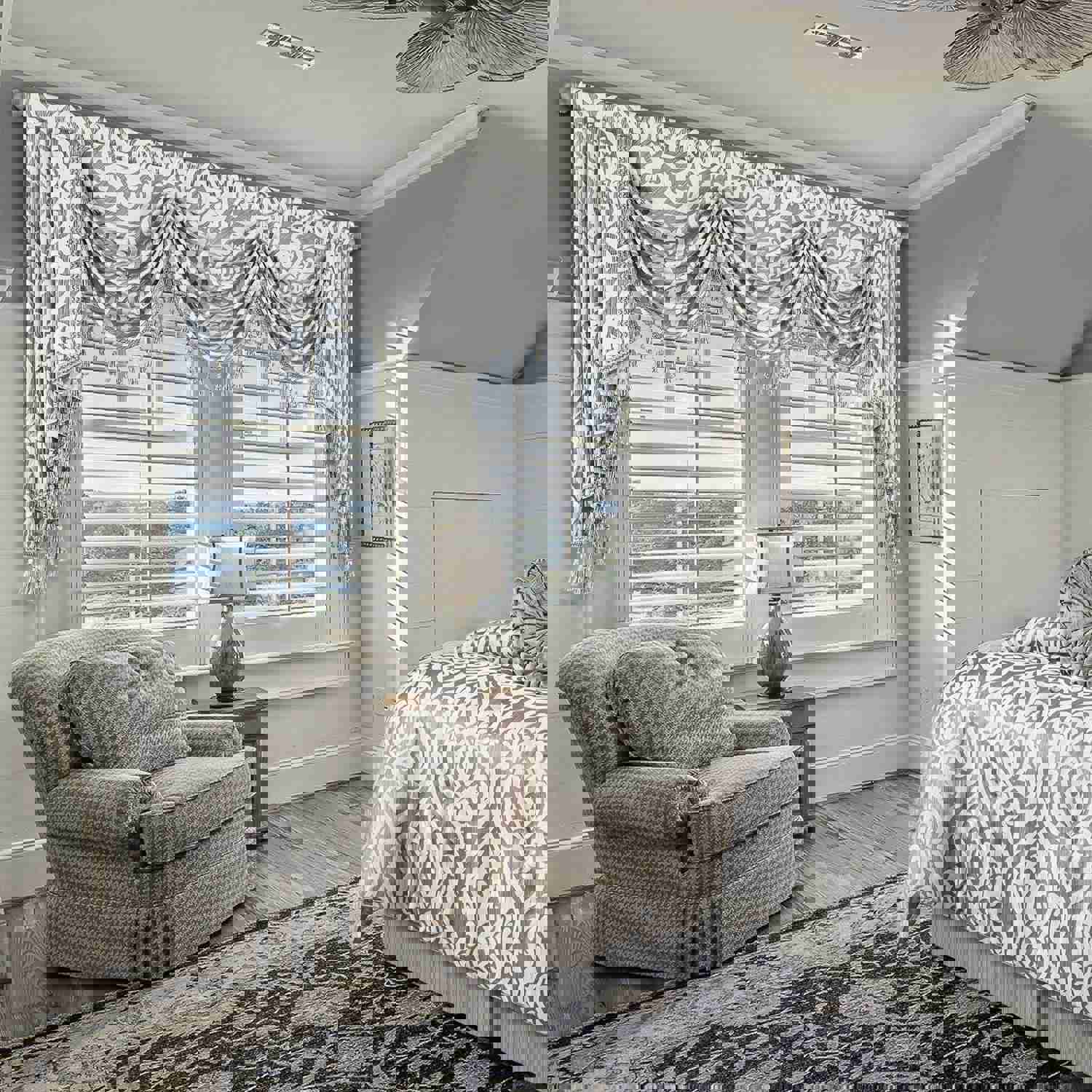 Norwich Swag Valance - Silver Gray Striped with White Damask Pattern