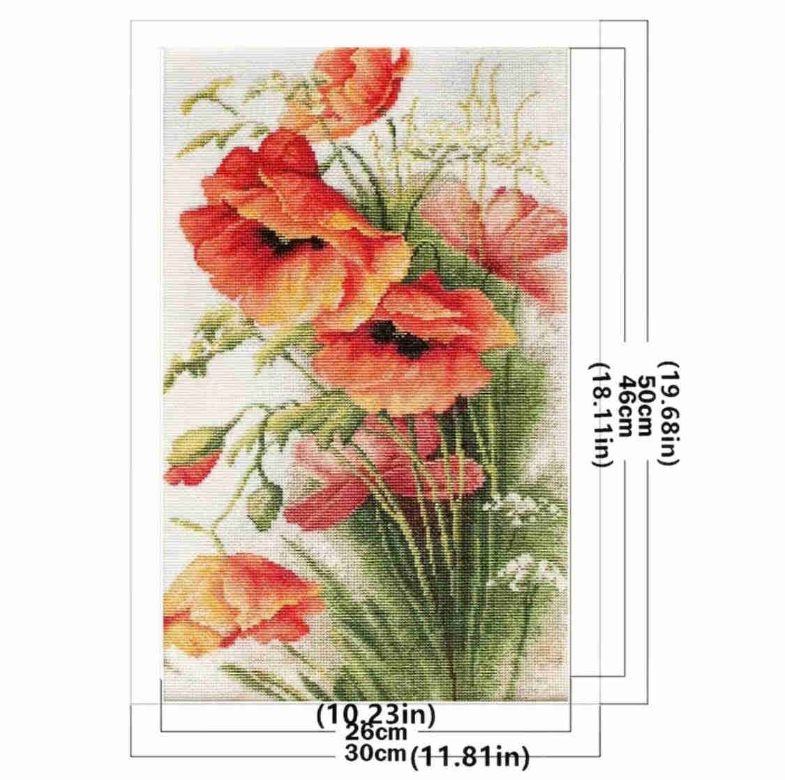 Floral Poppy Flowers Cross Stitch Kit for Beginners - DIY Embroidery Kit with Pre-Printed Aida