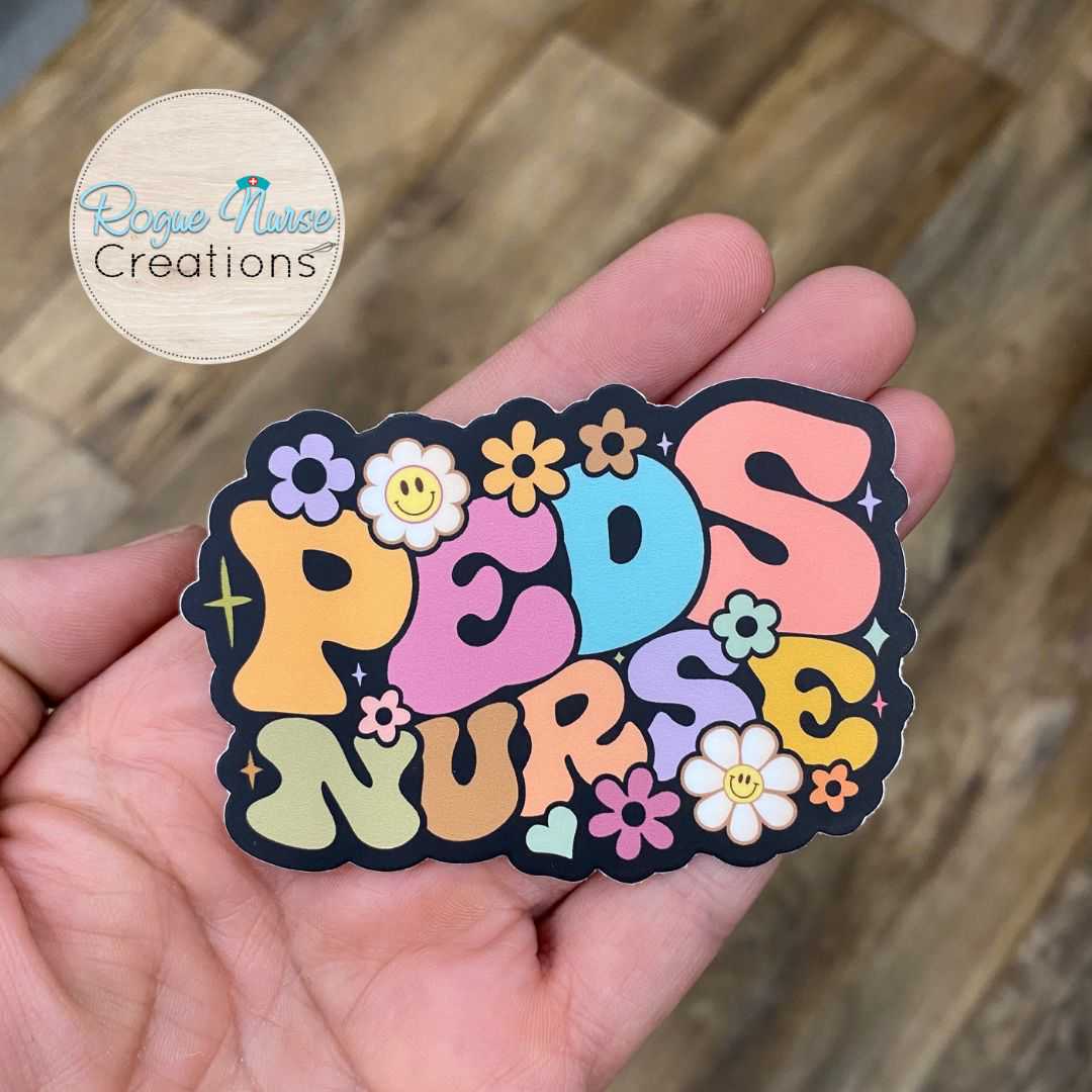 Peds Nurse 3 Inch Vinyl Matte Sticker - Colorful Retro Design with Multi-Color Flowers