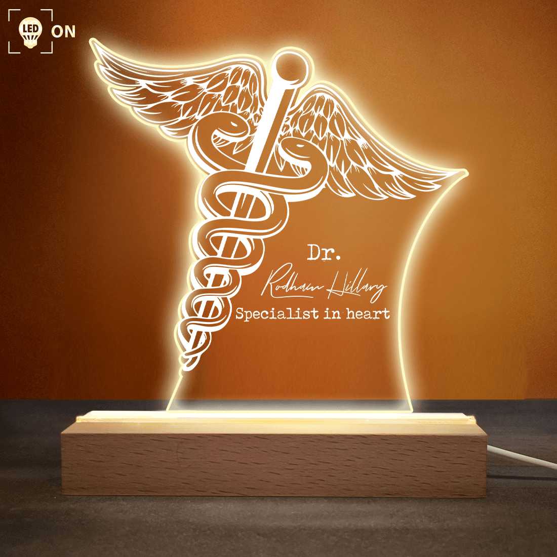 Caduceus Staff of Hermes - Acrylic Plaque LED Lamp - Personalized Gift for Healthcare Professionals