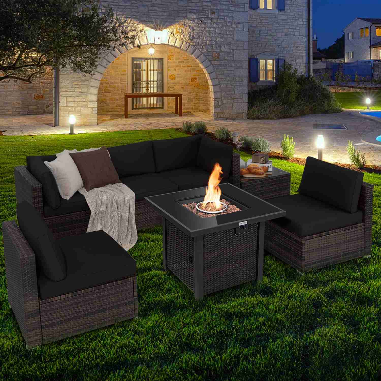 Tangkula 7 Pieces Patio Furniture Set with Fire Pit Table
