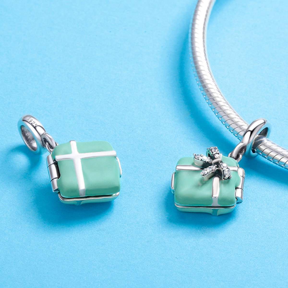 Sterling 925 Silver Green Box Pendant for Pandora & European Charm Bracelets