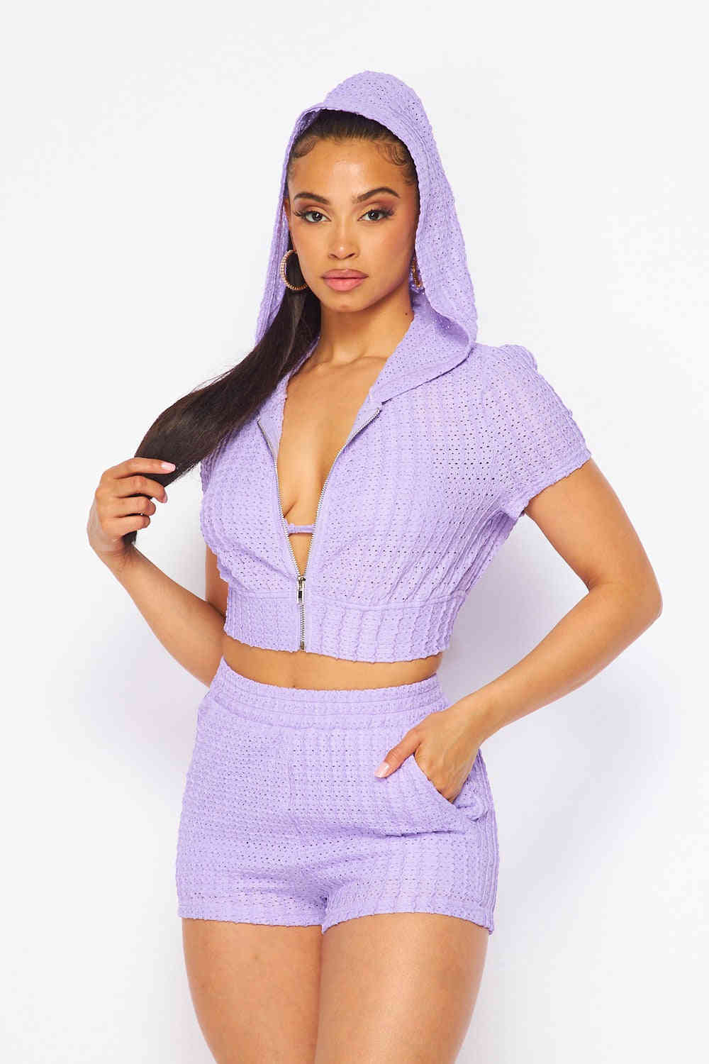 Los Cabos Eyelet 3 Piece Hoodie Bra Top Shorts Set