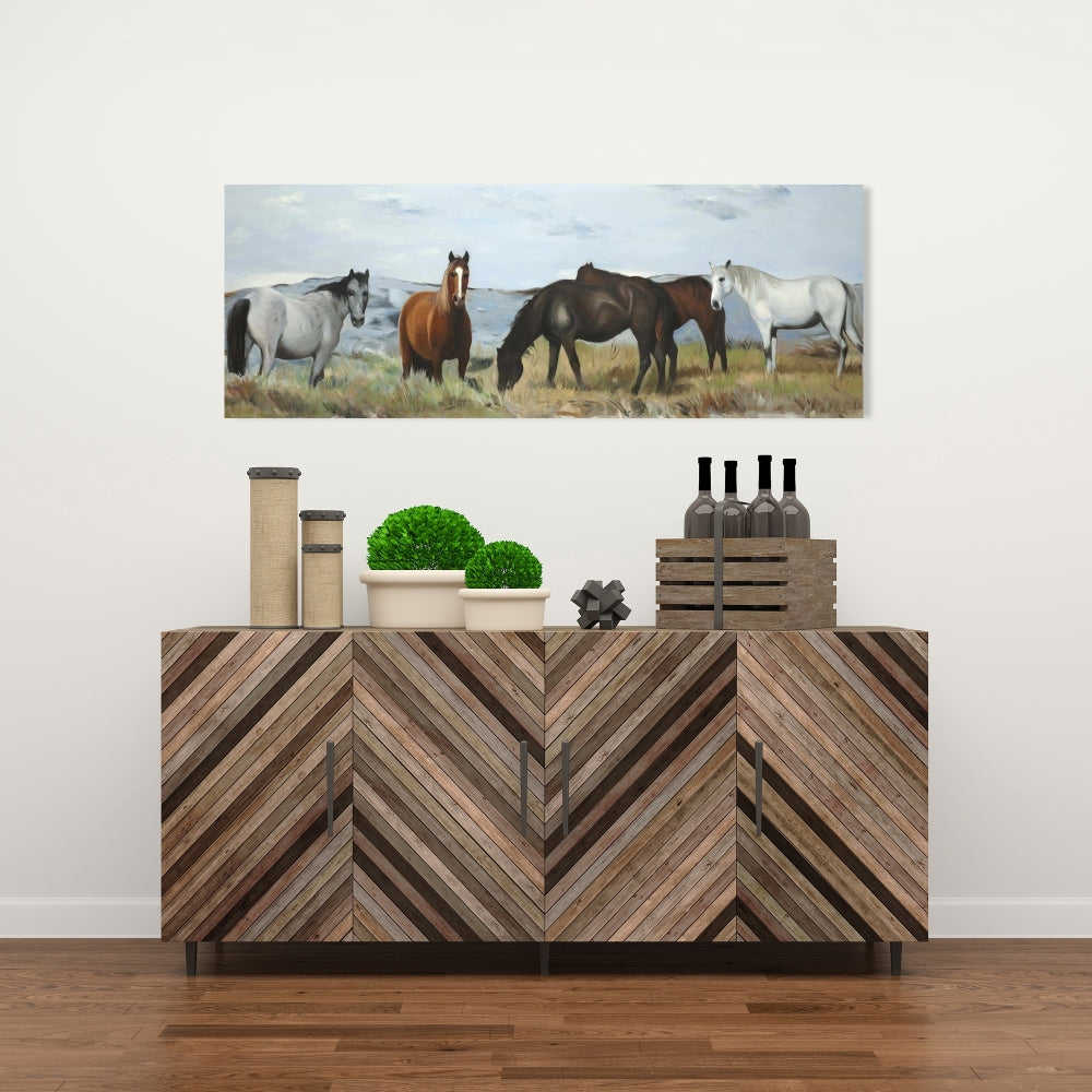 Horses Eating In The Meadow, Fine Art Gallery Wrapped Canvas 16x48