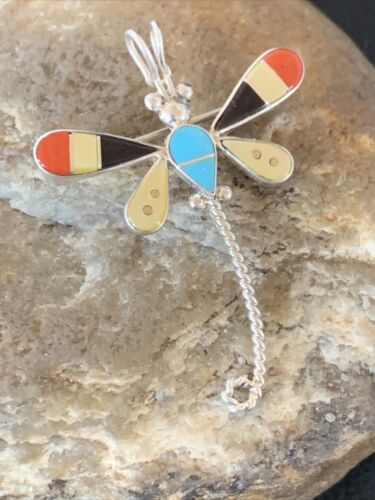 Handmade Zuni Turquoise and MOP Inlay Dragonfly Sterling Silver Necklace Pendant