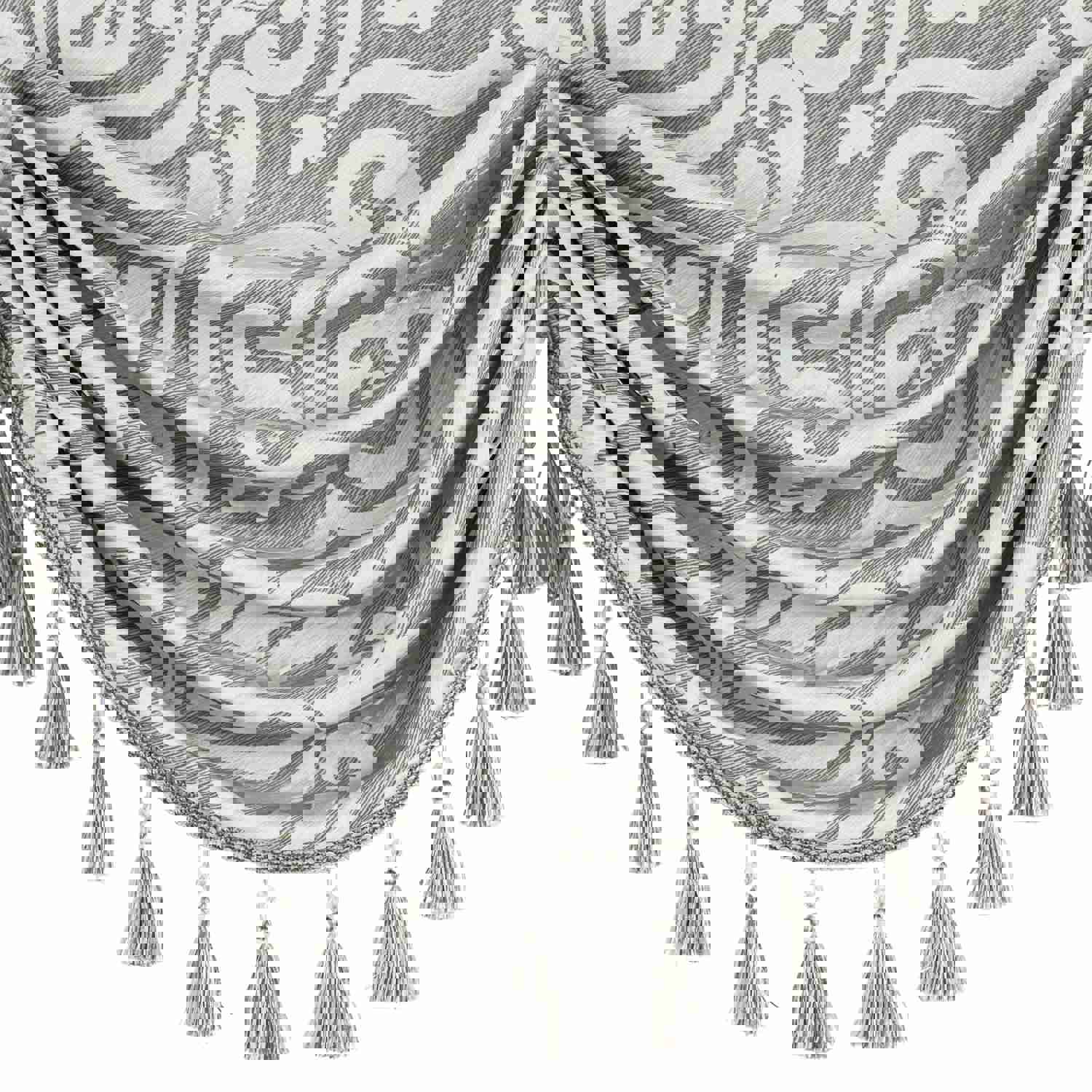 Norwich Swag Valance - Silver Gray Striped with White Damask Pattern