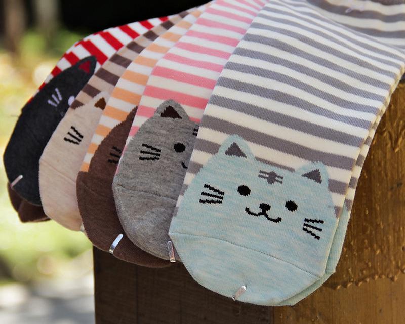 6 Pairs Cat Pattern Cotton Striped Socks for Women