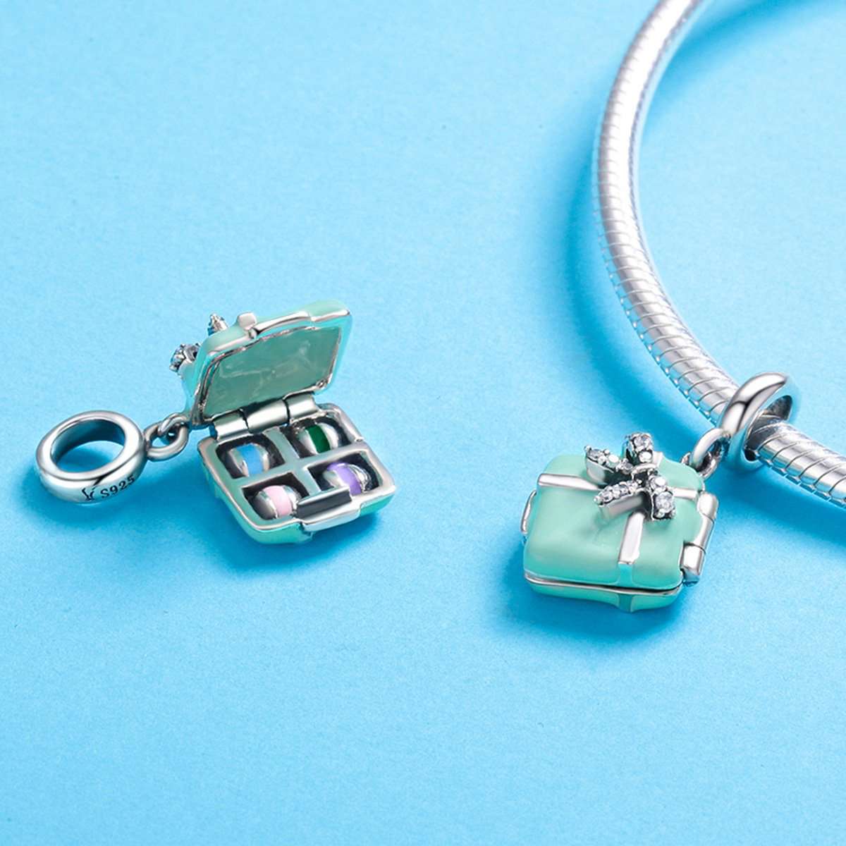 Sterling 925 Silver Green Box Pendant for Pandora & European Charm Bracelets