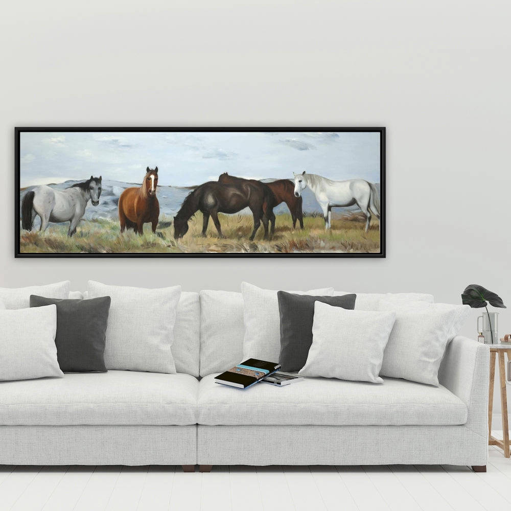 Horses Eating In The Meadow, Fine Art Gallery Wrapped Canvas 16x48