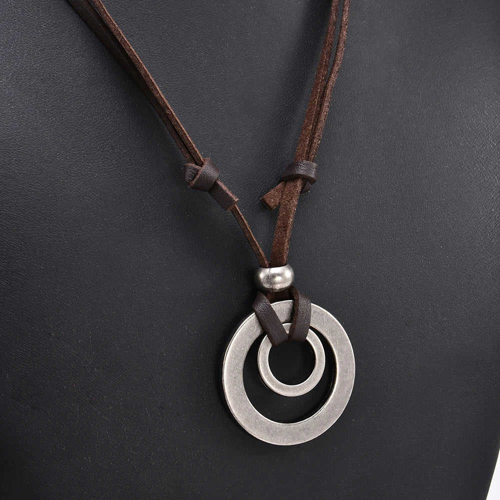Vintage Adjustable Leather Cord Necklace with Double Circle Pendant for Men and Women