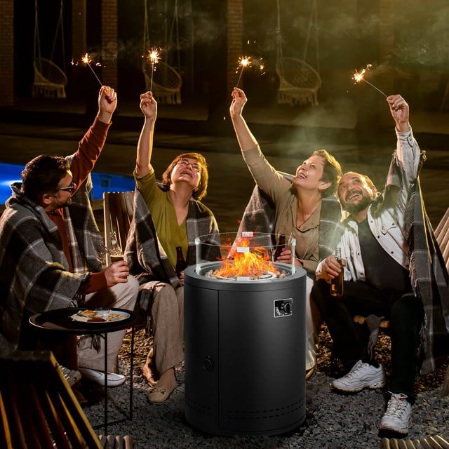 KISSAIR 20 Circular Fire Pit Table with Tempered Glass Wind Guard and Lava Rocks, 50000BTU - Black