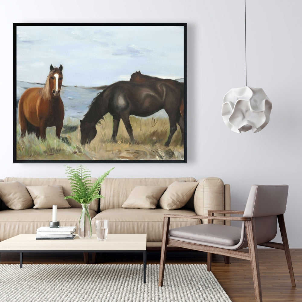 Horses Eating In The Meadow, Fine Art Gallery Wrapped Canvas 16x48